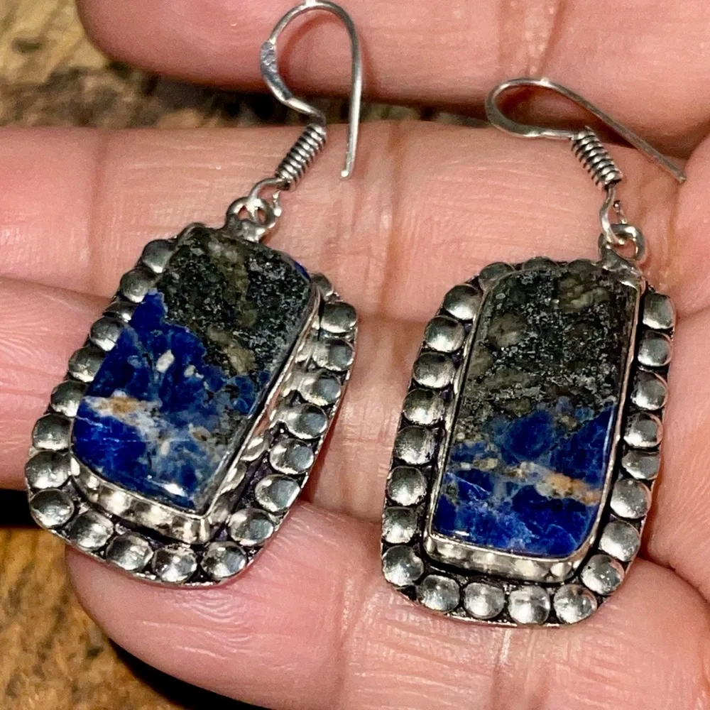 Navy Sodalite with Pyrite Earrings 1 1/2” - Picture 1 of 11